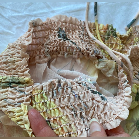 H&M hm Off the Shoulder Ruffle Beige Pink Yellow Floral Print Chiffon Top 2 NWT - Picture 16 of 16